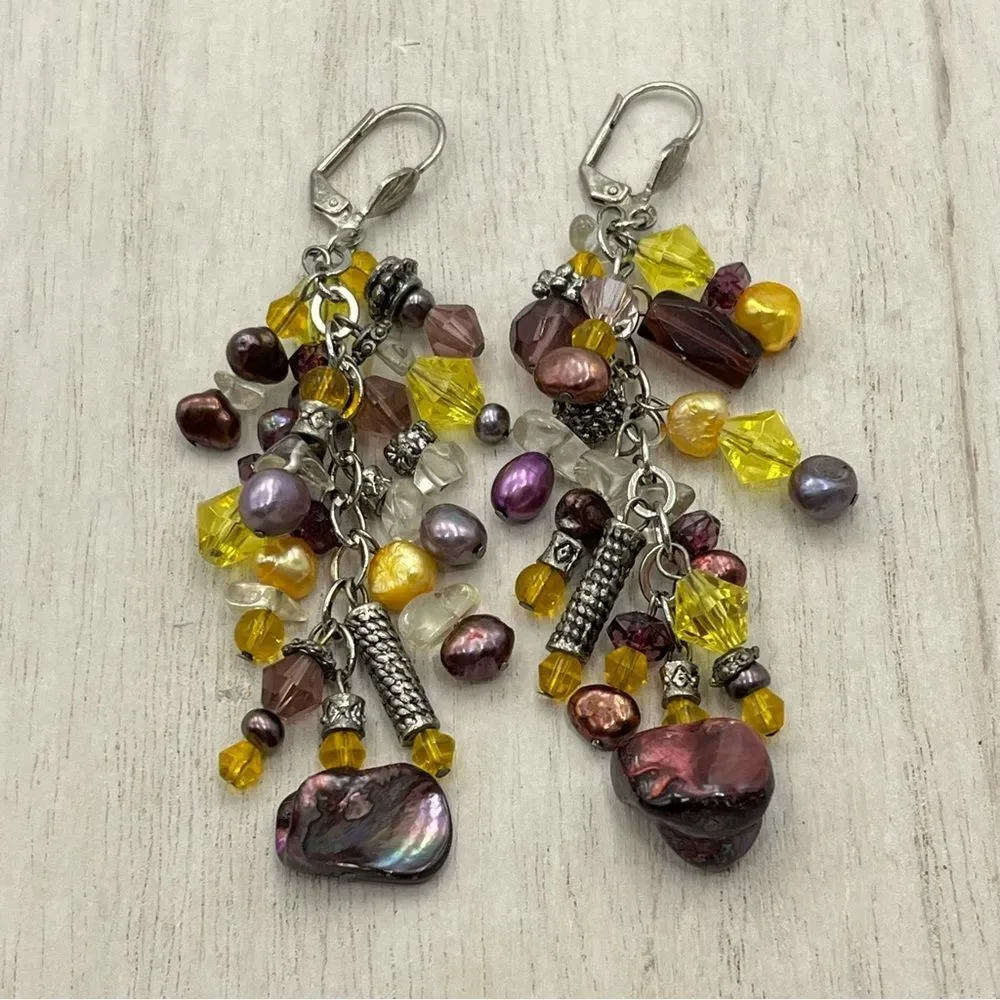 Elegant handmade Multi-Color pearl yellow glass Dangle Earrings